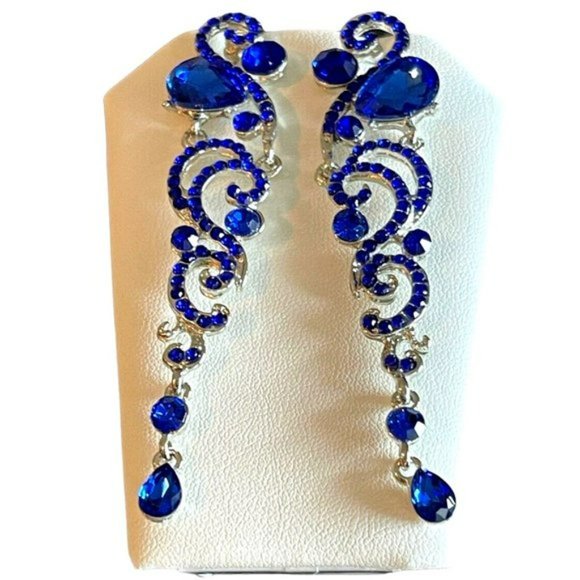 Bridal Jewelry Blue Wedding Bridal Earrings Prom Bridesmaid Rhinestone Dangle - Picture 4 of 5